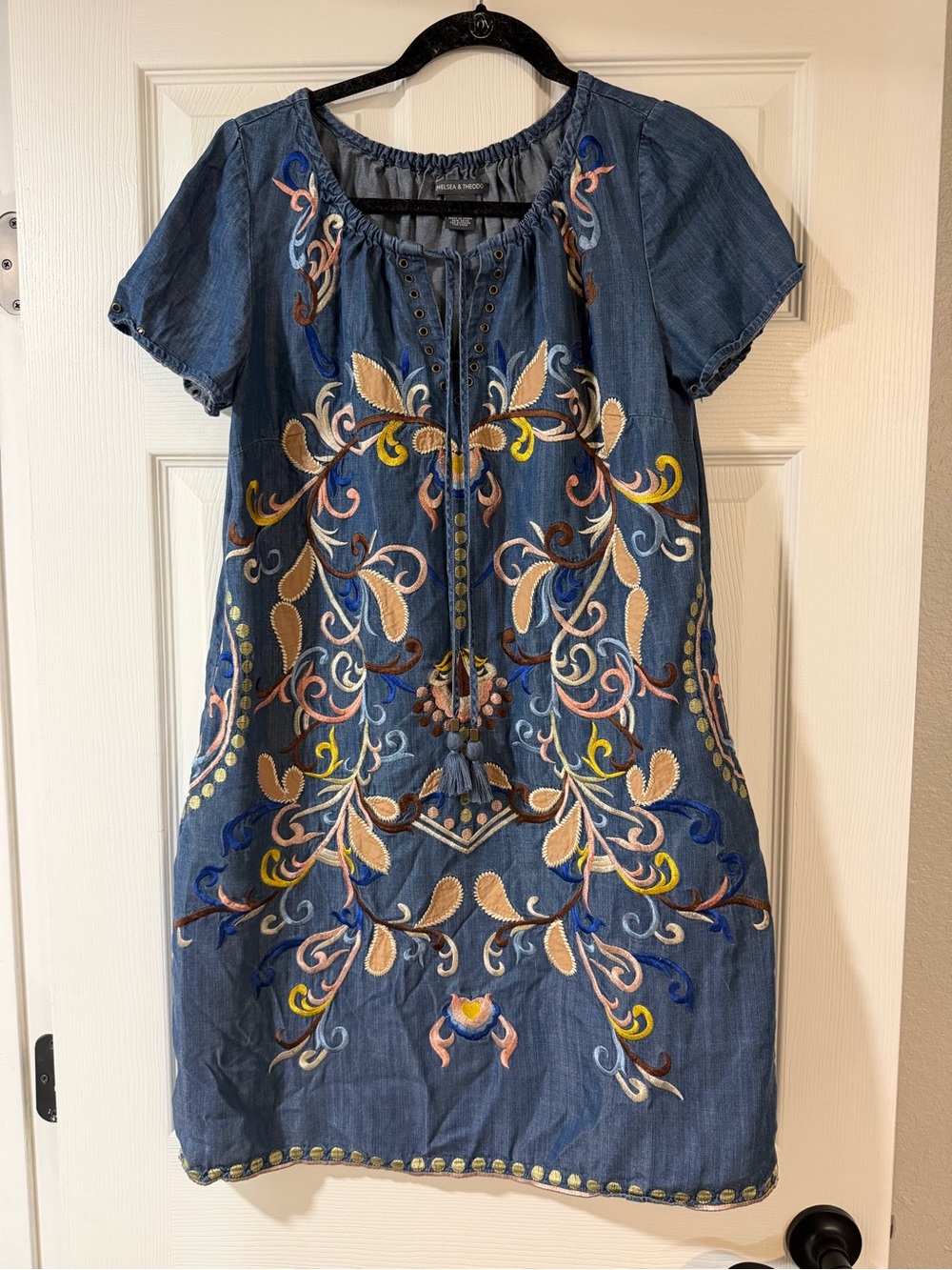 Chelsea & Theodore Embroidered Denim Mini Dress